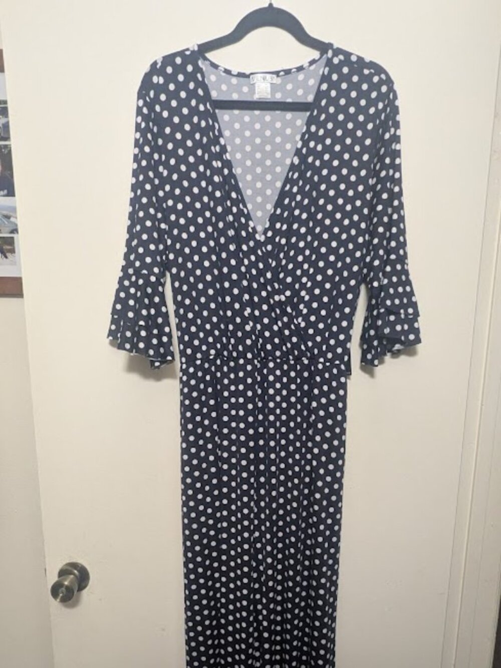 Venus 2XL Navy Blue and White Polka Dot V-Neck Maxi Dress with Matching Belt